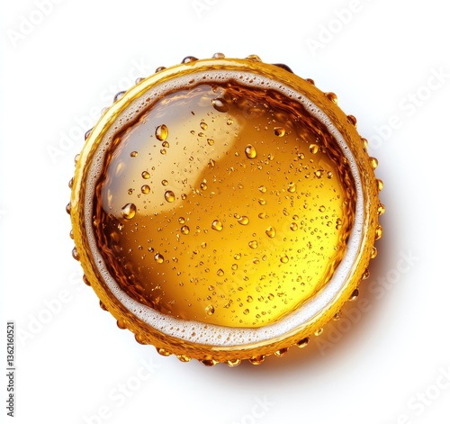 Top view of a beer cap with foamy head and water droplets