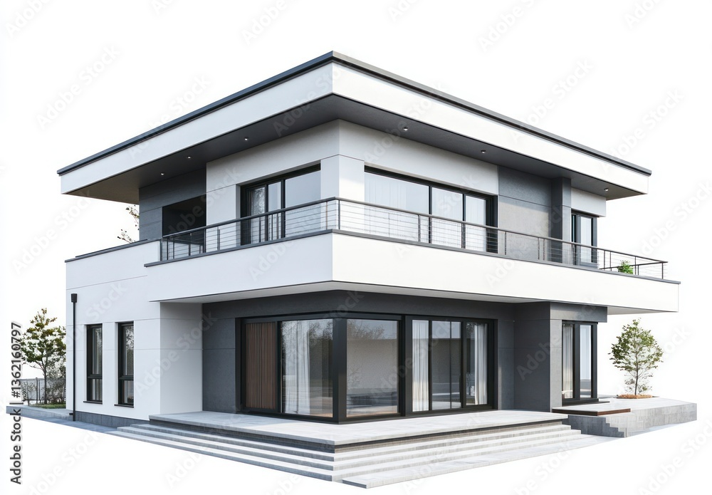 Modern Two-story House with Balcony and Large Windows Isolated on White Modern Two-story House with Balcony and Large Windows Isolated on White