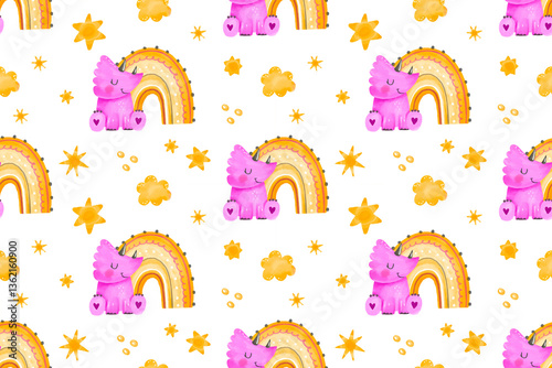Baby girl pink dinosaur and rainbow. Sky pattern. Infant seamless pattern for baby room, nursery bedroom. Newborn child watercolor endless background for kids