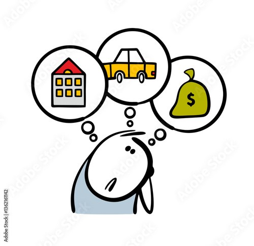 Unhappy man thinks about how to achieve his goals. Vector illustration a guy dreams of a rich life, money, a car and a house. Cartoon isolated stickman on white background.
