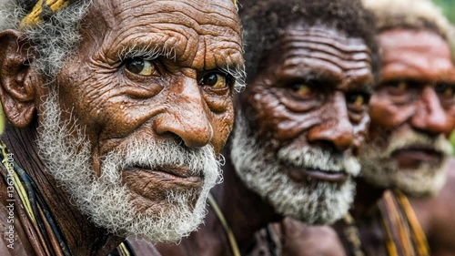 Elderly men with distinctive facial features and traditional attire participate in a cultural gathering in a remote village