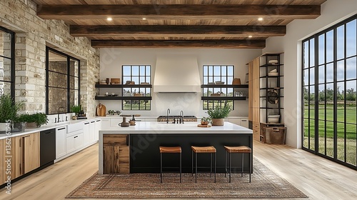 Modern farmhouse kitchen with stone, wood, and large windows.