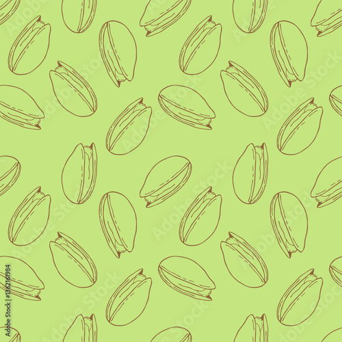 Seamless pattern of pistachio nuts, golden outline of nuts on bright green background, hand drawn sketch.