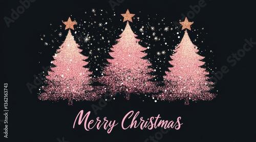 Vector design of three Christmas trees with pink glitter and sparkle, the text 