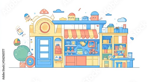 Cartoon illustration depicts the exterior of a charming colorful shop