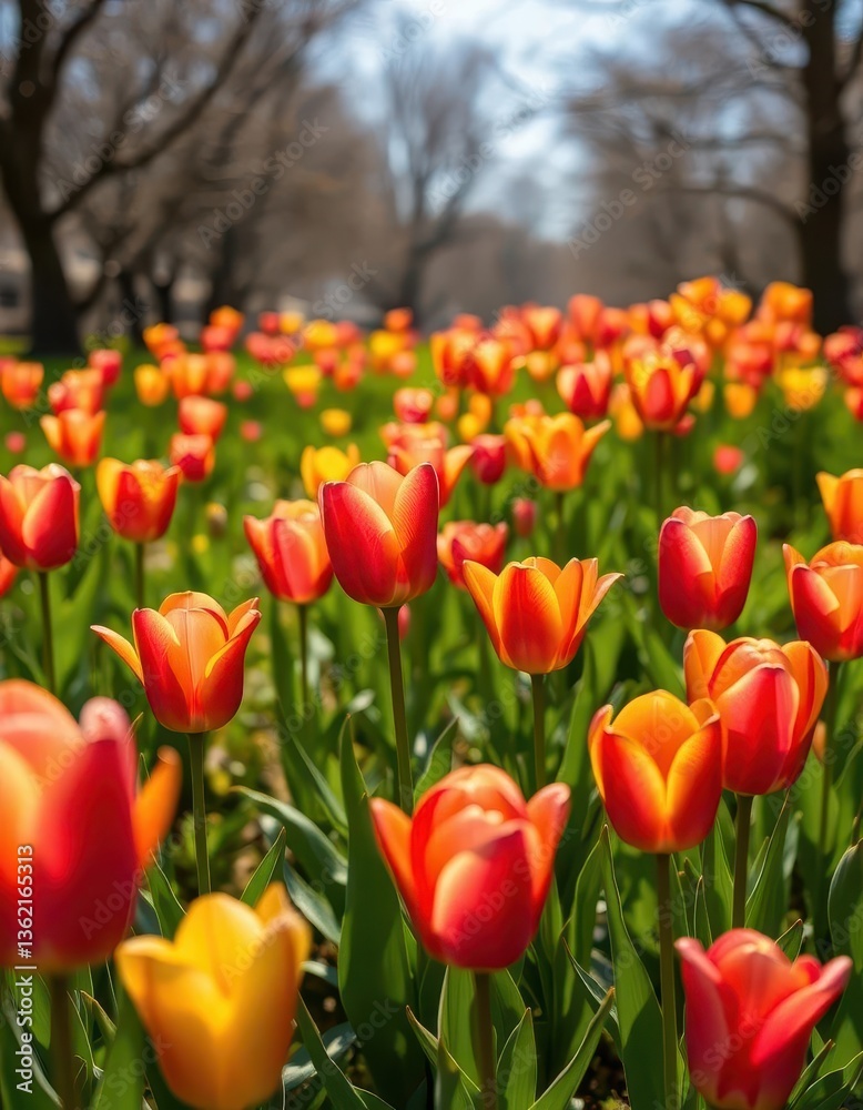 Obraz premium Vibrant pink, orange, and yellow tulips blooming in a sun-drenched meadow, botany, flora