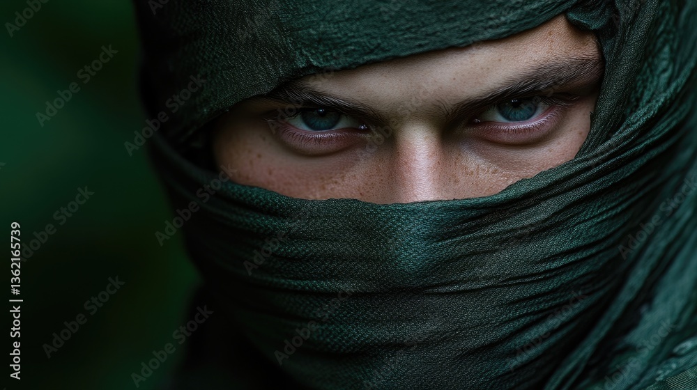 Naklejka premium Close-up of a young person, intense gaze, concealed face, mysterious