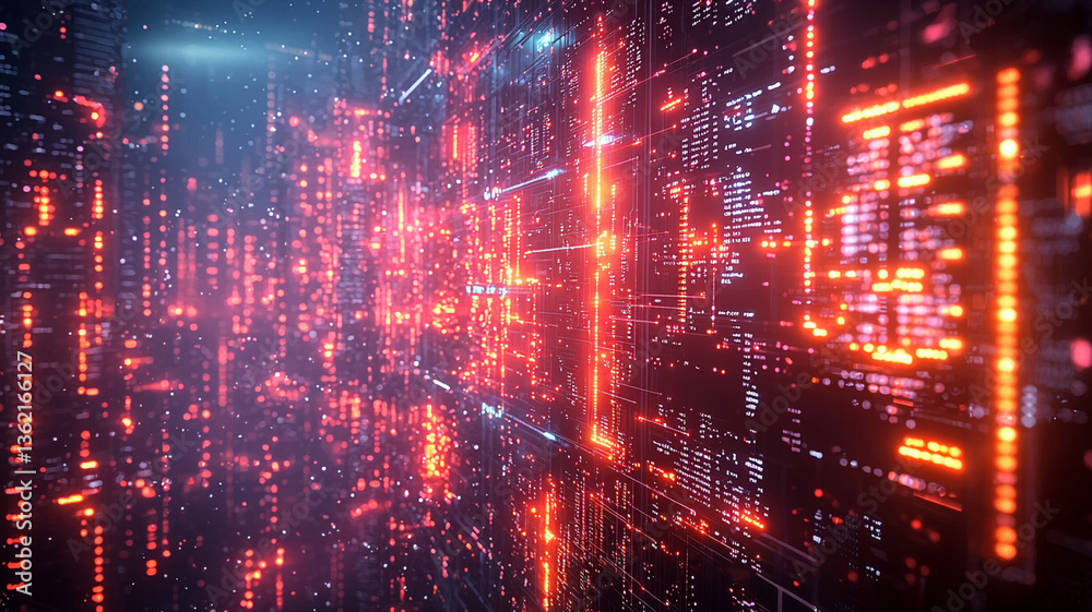 Futuristic digital landscape with glowing red and orange data streams, creating cyberpunk atmosphere filled with vibrant lights and intricate patterns Futuristic digital landscape with glowing red and orange data streams, creating cyberpunk atmosphere filled with vibrant lights and intricate patterns
