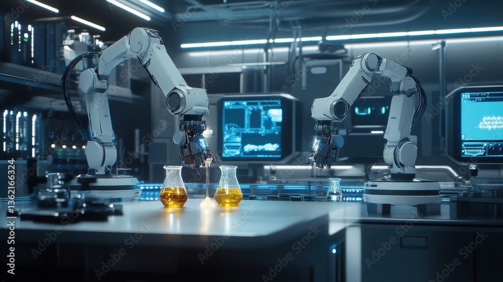 Naklejka premium A digital concept of a chemistry AI lab where robotic arms handle dangerous substances.