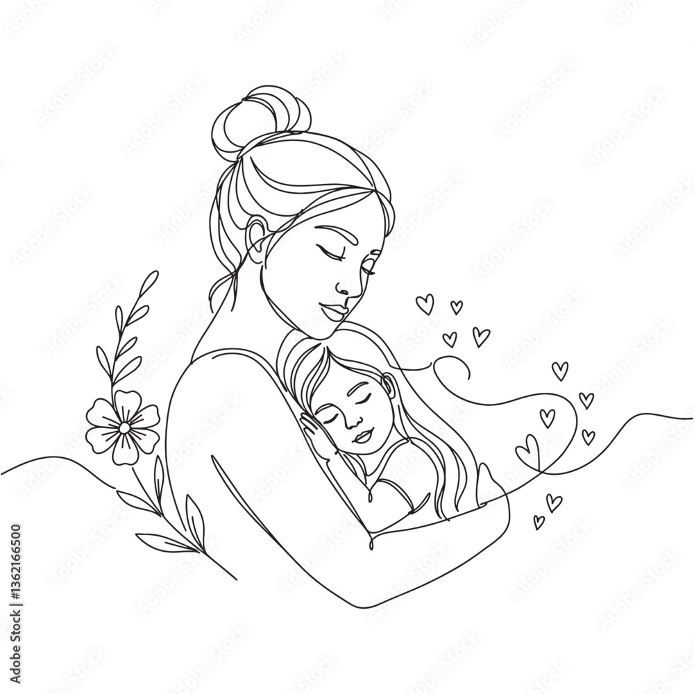 Mother and Child Embrace Line Art with Hearts and Flowers Mother and Child Embrace Line Art with Hearts and Flowers