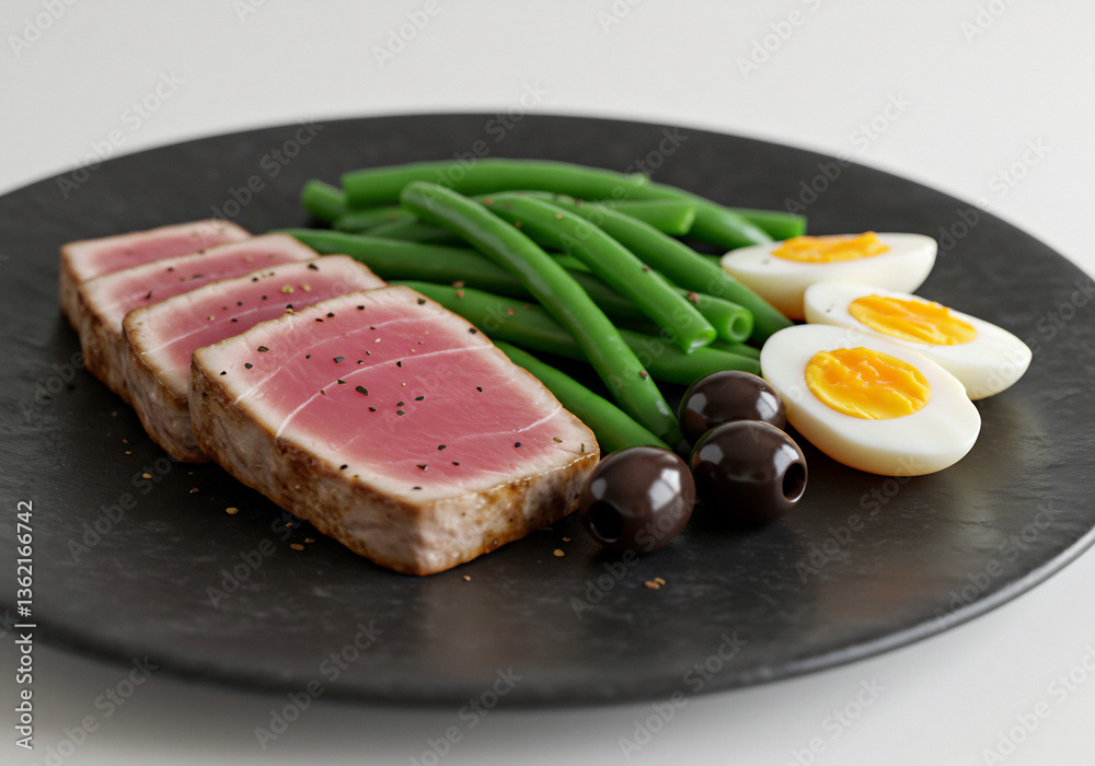 Seared Tuna Nicoise Salad with Green Beans and Hard Boiled Eggs on Dark Plate Seared Tuna Nicoise Salad with Green Beans and Hard Boiled Eggs on Dark Plate