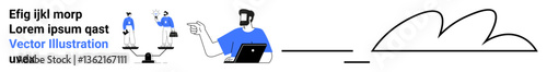 Man using laptop, pointing at scales with glowing figurines symbolizing ideas, balance, innovation. Ideal for creativity, productivity, teamwork, decision-making, business strategy leadership flat