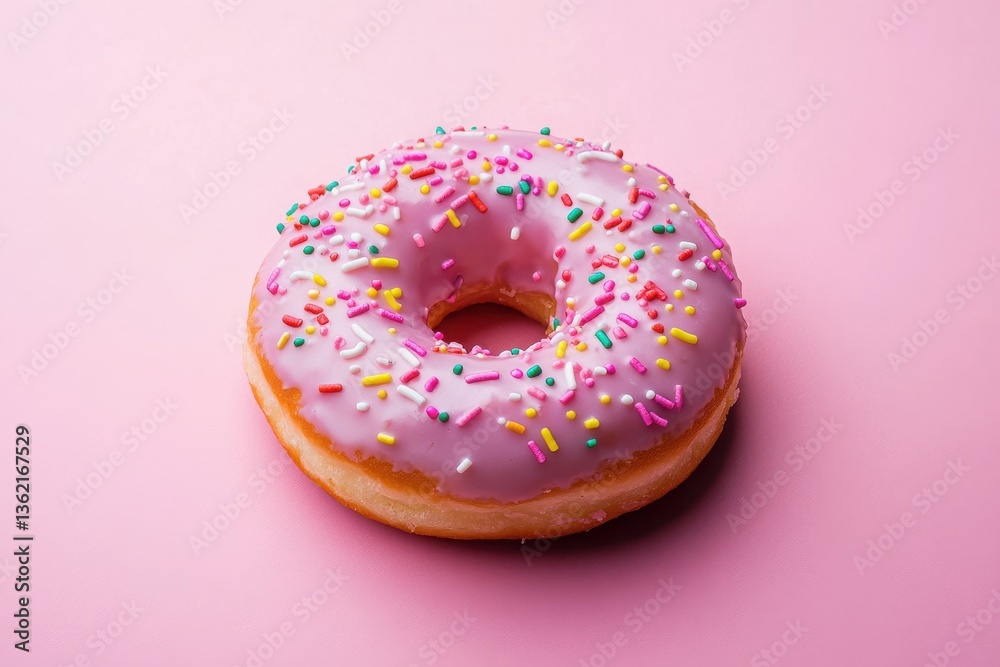 A single pink-frosted donut with colorful sprinkles centered on a solid pink background for a vibrant and delightful dessert presentation A single pink-frosted donut with colorful sprinkles centered on a solid pink background for a vibrant and delightful dessert presentation