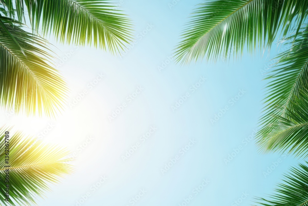 Fototapeta premium A serene view of palm leaves framing a bright sky, suggesting a tropical paradise atmosphere.
