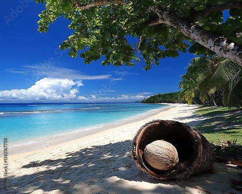 Idyllic tropical beach scene with coconut.