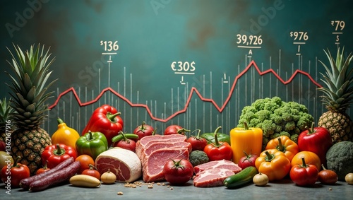 Conceptual image depicting inflation and rising food prices, featuring fresh vegetables, fruits, and meat with economic growth charts in the background.