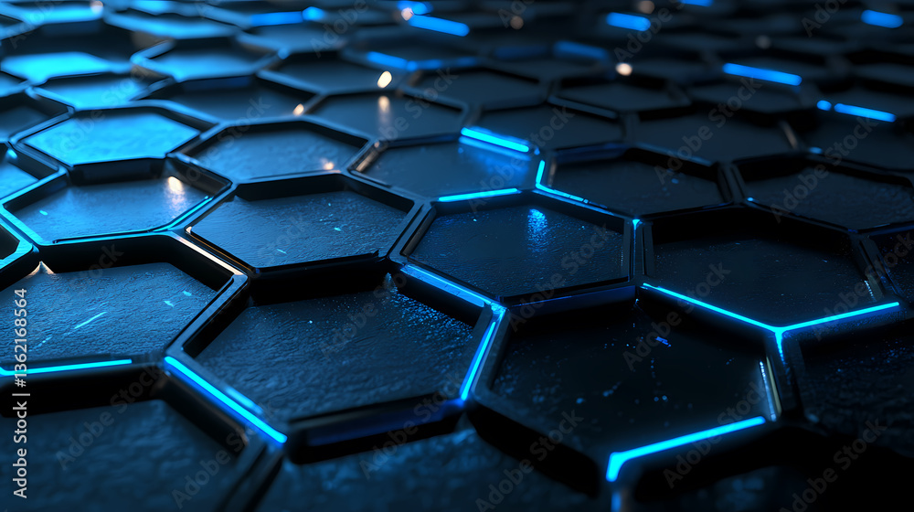 Abstract Hexagonal Geometric Pattern with Blue Neon Light Abstract Hexagonal Geometric Pattern with Blue Neon Light