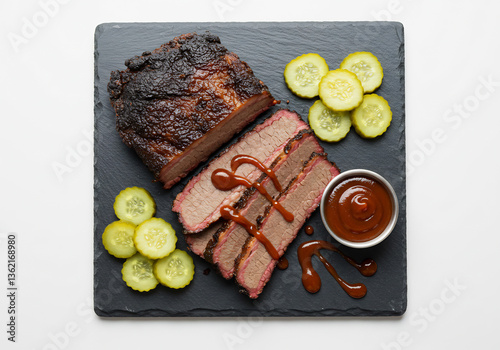 Smoked Brisket Slices with Pickles and BBQ Sauce on Dark Slate Plate