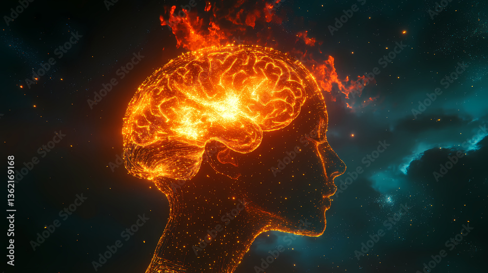 Burning Brain in the Cosmos: A Creative Illustration Burning Brain in the Cosmos: A Creative Illustration
