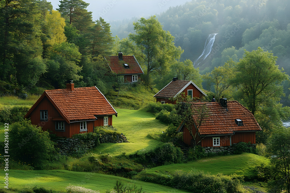 Cabins with orange roofs dot a lush, green hillside near a waterfall in a dense forest Cabins with orange roofs dot a lush, green hillside near a waterfall in a dense forest