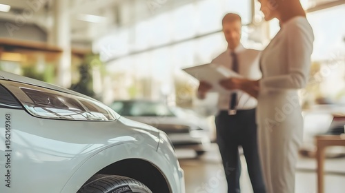 Customer service representatives assisting client in an automobile showroom
