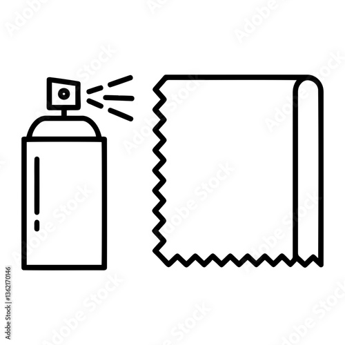 Line art illustration of a fabric and textile spray bottle next to a piece of cloth