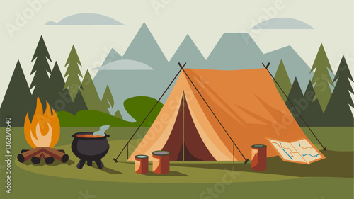 Charming vector art of a campsite featuring a bright orange tent, a crackling fire, a cauldron, and a map. Perfect for outdoor adventure themes.