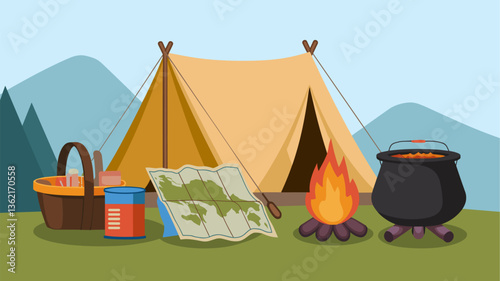 A delightful illustration of a camping setup featuring a tent, campfire, map, and cooking gear, set against a scenic mountain backdrop.
