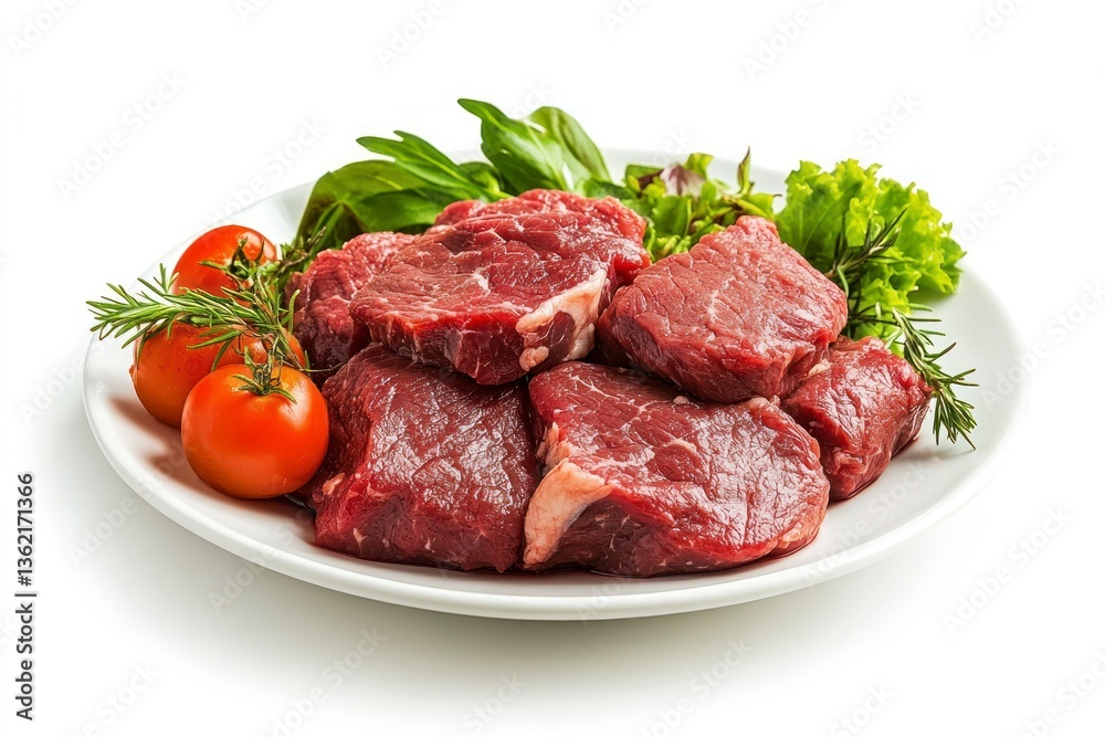 Fresh Raw Beef Cubes with Tomatoes and Greens on White Plate Fresh Raw Beef Cubes with Tomatoes and Greens on White Plate