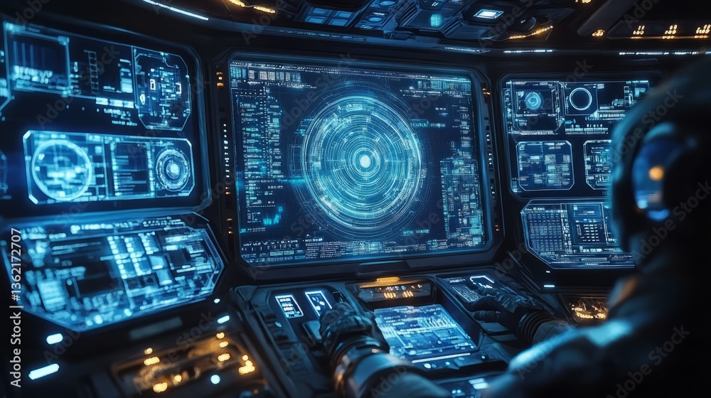 Fototapeta premium Interior of a spaceship, robotic assistants, space communication consoles, and futuristic designs