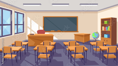 A spacious classroom featuring wooden desks, a green chalkboard, a globe, and a bookshelf. Ideal for educational themes.