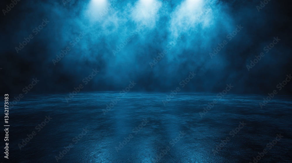 Fototapeta premium Dark street, wet asphalt, reflections of rays in the water. Abstract dark blue background, smoke, smog. Empty dark scene, neon light, spotlights. Concrete floor illustration