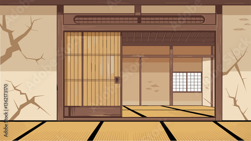 A serene illustration of a traditional Japanese house interior featuring wooden sliding doors and tatami flooring, evoking a sense of peace and simplicity.