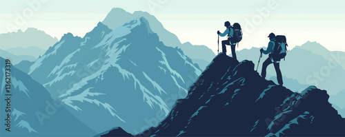 Silhouetted hikers conquer mountain peaks amid majestic alpine scenery.
