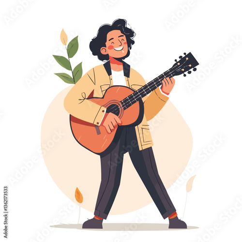 Smiling young hispanic male playing acoustic guitar with nature elements.