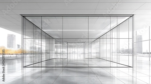 Modern glass and steel interior space.
