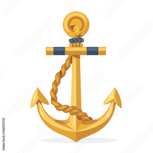 Golden nautical anchor with rope on white background.