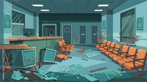 A digitally illustrated scene depicting a deserted hospital waiting room, featuring overturned furniture, broken frames, and plants reclaiming the space.