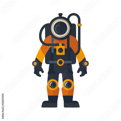 Deep sea diver in vintage diving suit with helmet and breathing apparatus.
