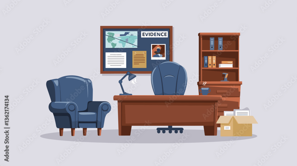A modern office setup featuring a wooden desk, comfortable chairs, and an evidence board, perfect for creative projects or legal themes. A modern office setup featuring a wooden desk, comfortable chairs, and an evidence board, perfect for creative projects or legal themes.