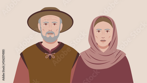 A pair of middle-aged farmers depicted in a minimalist style. The man wears a hat and rustic clothing, while the woman is draped in a headscarf, showcasing a timeless rural lifestyle.