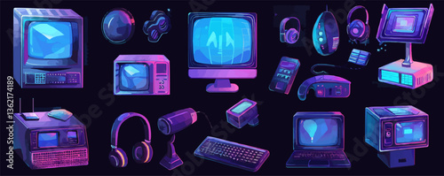 Retro technology collection with vintage computers and gadgets.