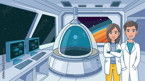 Explore a vibrant illustration of two scientists in a sleek space laboratory, surrounded by advanced technology and a cosmic view.