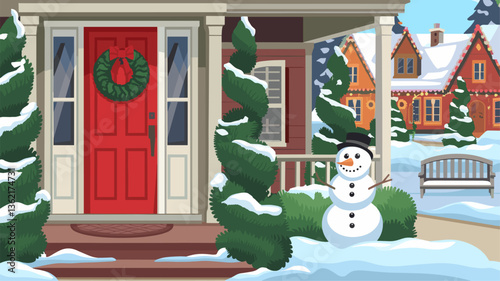 A picturesque winter home featuring a vibrant red door, a cheerful snowman, and snow-covered greenery, evoking holiday warmth.