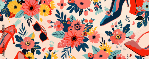 Colorful floral pattern with high-heels and sunglasses on beige background.