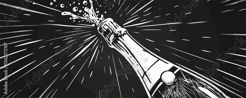 Celebratory champagne bottle popping black and white splash illustration.
