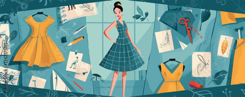 Fashion designer studio with young female in green dress and creative sketches.