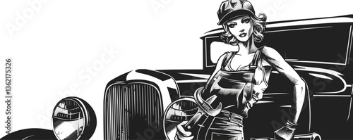 Young caucasian female mechanic in vintage car art with wrench and cap.
