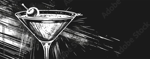 Black and white martini glass with olive on abstract background.