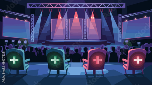 An elaborate event stage featuring vibrant lighting and seating with digital displays. Perfect for competitions, concerts, or entertainment shows.